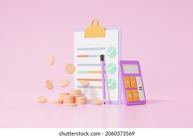 Economics Education Concept. Calculator, Coins, Financial Learning. Transactions For Cost Reduction Saving Money Finance And Business Target Planning. 3D Render Illustration