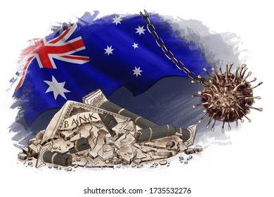  Economy Australia Falling,risk, Global Change. Banking Crisis,bankruptcy,budget Recession. Wrecking Coronavirus Ball On Chain Hangs Near Cracked Bank. Crack Business, Economy.