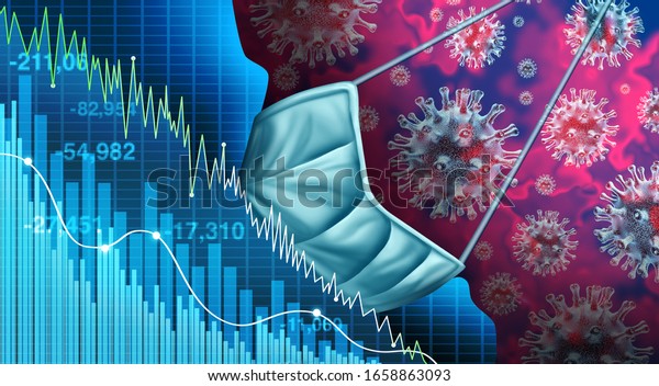 Economy and disease as an economic pandemic fear and coronavirus fears or virus Outbreak and Stock market selling as a sick financial health business recession concept with 3D illustration elements.