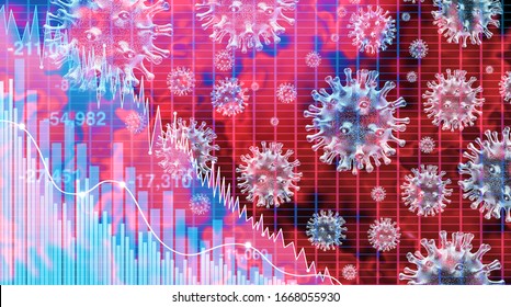 Economy and health care as an economic pandemic fear and coronavirus fears or virus Outbreak and Stock market selling as a stock financial recession concept with 3D illustration elements.
