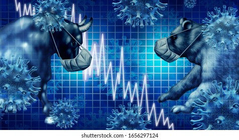 Economy And Pandemic Outbreak and Stock market virus fear or bull and bear economic crisis and sick financial health as a business recession concept with 3D illustration elements.