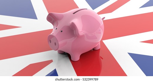 Economy In UK Concept. Piggy Bank On UK Flag. 3d Illustration