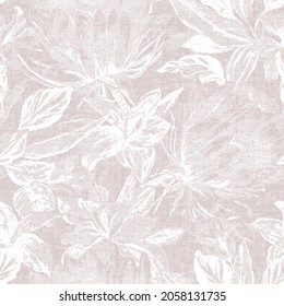 Ecru Beige Linen Texture Background Printed With Flowers. Natural Seamless Pattern. Weave Fabric For Wallpaper, Cloth Packaging, Curtain, Duvet Cover, Pillow, Digital Print Pattern Design 