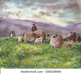 Eden Valley. Painting Of A Sheep Farmer With His Sheep And Dog On The Eden Fells With The Pennine Hills In The Background