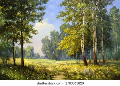 The Edge Of A Birch Forest Lit By A Bright Sun,oil Painting On Canvas, Fine Art, Handmade Painting, Trees, Beautiful, Summer, Park, Landscape, Nature