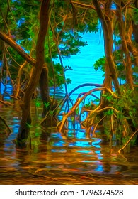 Edge Of Mangrove Swamp In West Central Florida, With Digital Painting Effects