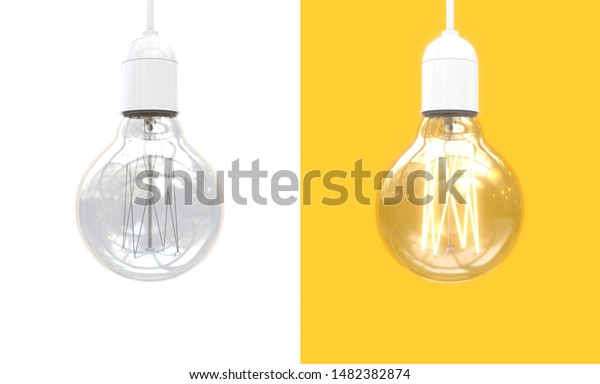 Edison\'s light\
bulb on and off. Image of an incandescent lamp divided in half into\
two parts. Contrast comparison of opposites. Isolated on white and\
yellow background. 3D\
rendering