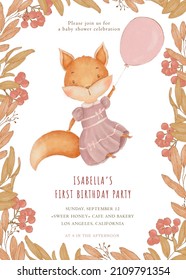 Editable Baby Shower Invitation Template, Baby Fox Invite, Woodland Animal Fox Invitation, Baby Girl Birthday, Flying With Baloon, Fox Print, Baby Fox Postcard