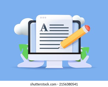 Editable Online Document, File. Creative Writing, Storytelling, Copywriting, Online Education. 3d Illustration. Education, Expertise Text Research Content Online, Computer Pc, Digital Document File.