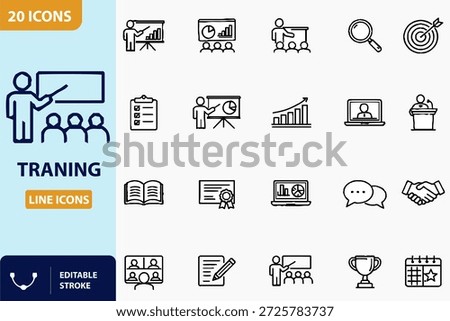Editable Stroke Training Continuity Icons – Education, Presentation, Learning Vector Set (20 Icons)