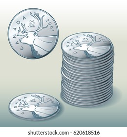 Editorial Illustration of / Canadian Coin Quarter / Easy to edit groups and layers, gradients used. Easy to isolate objects