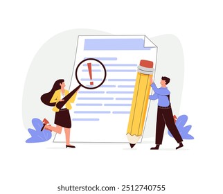Editors checking texts, correcting grammar mistakes. Editing documents, writing and spelling errors, proofreading, reviewing essays. Flat graphic illustrations isolated on white background.