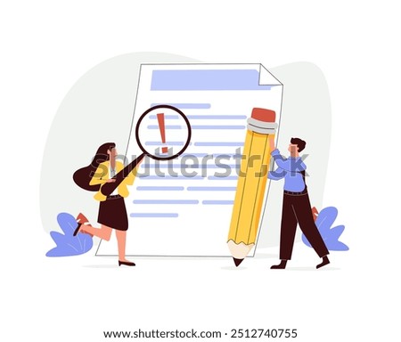 Editors checking texts, correcting grammar mistakes. Editing documents, writing and spelling errors, proofreading, reviewing essays. Flat graphic illustrations isolated on white background.