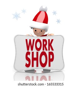 A Edjucational Santa Claus Boy Character Presents A Workshop Sign On A Board Isolated On White Background With Snowflakes