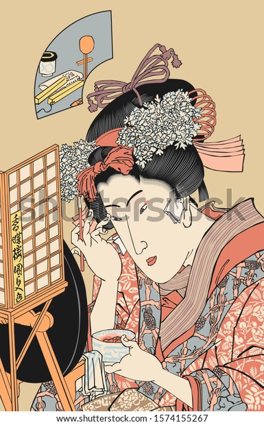 Edo period woman doing makeup.The\
character written in the lower left of the screen is the name of\
the original author of this ukiyo-e,\
“koucyouroukunisada”.