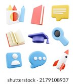 Education 3d icon set. Education 3d render icon set cartoon style. Reading literature and learning from books. Isolated objects on a white background.