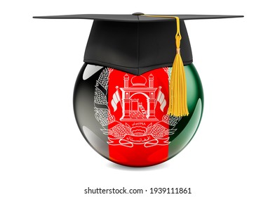 Education In Afghanistan Concept. Afghan Flag With Graduation Cap, 3D Rendering Isolated On White Background