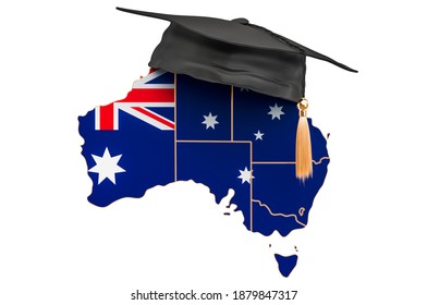 Education In Australia Concept. Australian Map With Graduate Cap, 3D Rendering Isolated On White Background