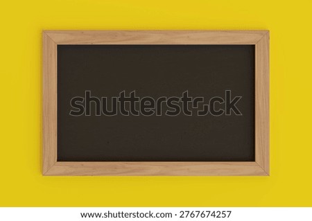 Education And Blank Message Space. Empty Blackboard Mockup In Wooden Frame On Yellow Background. 3D Rendering