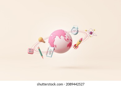 education or business connected world technology pink pastel. globalization globe internet rocket spaceship science time clock ideas imagination pencil maths bulb saturn ring orbit. 3D illustration.