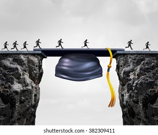 Education Career Opportunities Concept As A Group Of Graduating University Students Crossing A Mortarboard Or Graduation Cap As A Bridge To Opportunity And Bridging The Gap For Business Success.