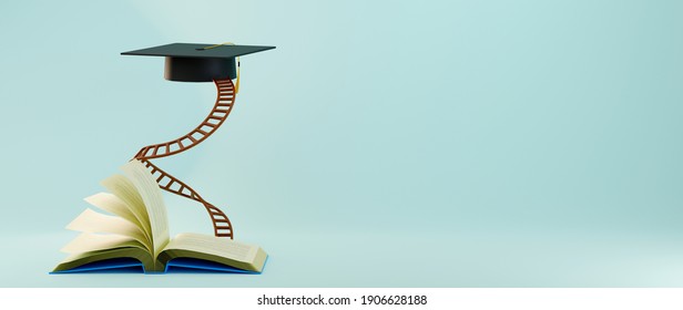 Education Concept. 3d Of Hat, Book On Blue Background. Modern Flat Design Isometric Concept Of Education For Website And Mobile Website. Page Template. Back To School, Banner Design Template.