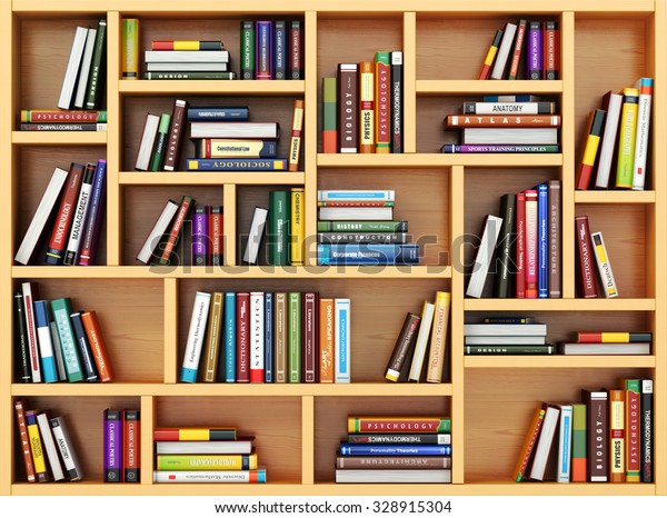 3d books and textbooks on the bookshelf. 