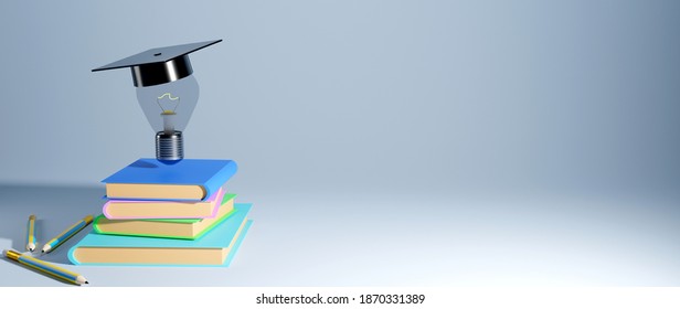 Education concept, Convey knowledge and ideas. 3D Rendering of light blue on colorful books on blue background. Realistic 3d shapes.