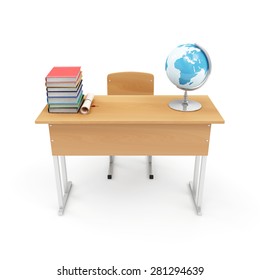 Education Concept. School Desk With School Attributes: Desk Globe, Graduation Cap, Diploma And Books Isolated On A White Background. 3D Rendering