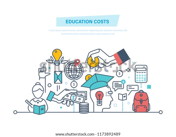 教育費のコンセプト 教育 学費 授業料 税金 支払い 教育資金の投資にお金を投資します 計算 管理 落書きの細い線のデザインを図に示します のイラスト素材