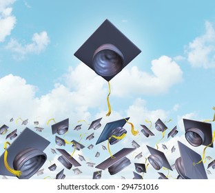 Education excellence and higher learning success with graduation hats thrown in the air as a leading mortar board higher than the competition for university and college students to rise above.

 - Powered by Shutterstock