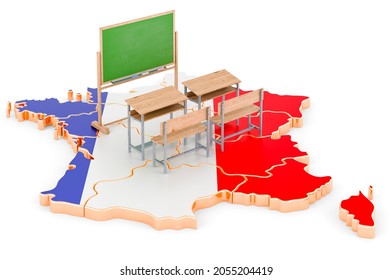 Education In France, Concept. School Desks And Blackboard On France Map. 3D Rendering Isolated On White Background