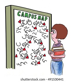 Education Illustration Of Young Teen Girl Looking At Disorganized Campus Map.