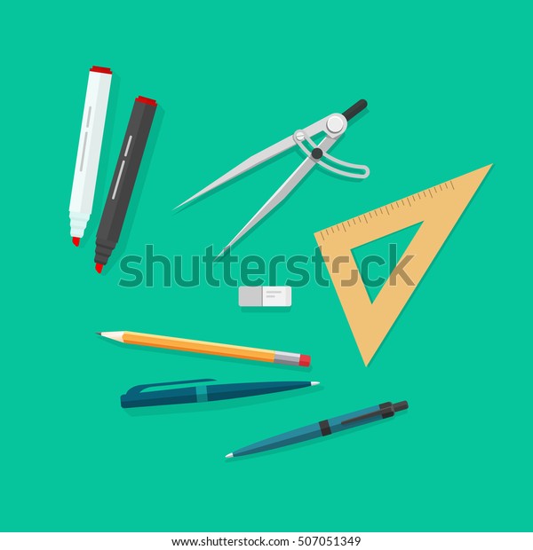 Education items, school\
study icons set, objects isolated, pen, pencils, eraser, triangle\
rulers, marker, biro pen, compass divider, flat style top view\
illustration\
image