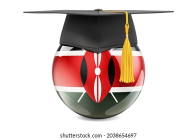 Education In Kenya Concept. Kenyan Flag With Graduation Cap, 3D Rendering Isolated On White Background