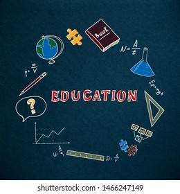 Education and knowledge concept. Creative hand drawn educational sketch on dark paper background, 3D Rendering
