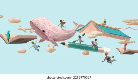 Education learning dream hope inspiration and freedom concept, girl and boy with  imagination book. surreal painting. Fantasy art, conceptual artwork, happiness of child , 3d illustration - Powered by Shutterstock