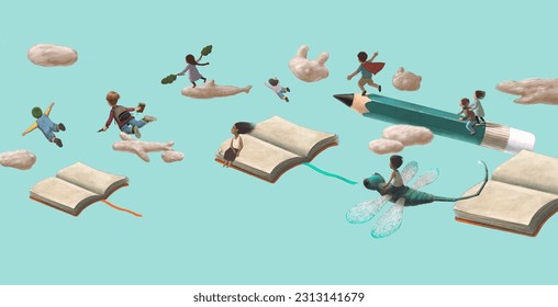 Education learning dream hope inspiration and freedom concept, girl and boy with  imagination book. surreal painting. Fantasy art, conceptual artwork, happiness of child , 3d illustration - Powered by Shutterstock