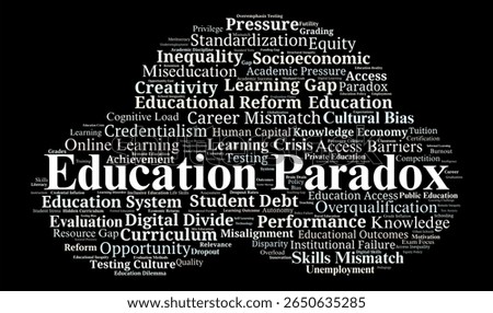 Education Paradox Word Cloud. Exploring contradictions in modern education from access and equity to systemic flaws, outcomes, and global learning challenges.