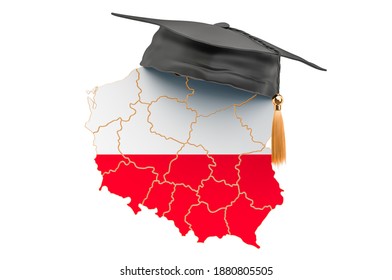 Education In Poland Concept. Polish Map With Graduate Cap, 3D Rendering Isolated On White Background