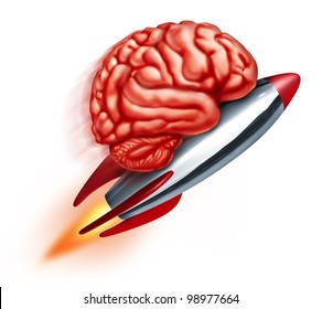 Education power with a flying rocket and a human brain on the projectile as a symbol of learning and studying and improving the function of the thinking mind on a white background.
