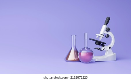 Education Practical Science Laboratory With Students Electronic Microscope Test Tubes And Notebook 3D Rendering Illustration