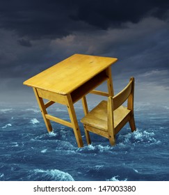 Education Problems Concept As An Old School Desk Drowning In The Water During A Storm As A Symbol Of Inaccessible Schooling And Funding Challenges For Special Learning And Literacy Programs.