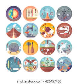 Education And Science Flat Circle Icons Set. Subjects And Scientific Disciplines. Cartoon Icon Collection.