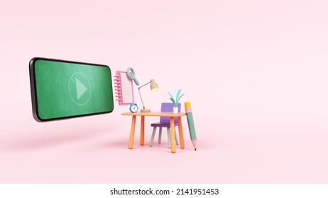 education study online world wide learning connect smartphone screen blackboard school work at home mobile application media video imagin kid clock table chair object. clipping path. 3D Illustration. - Powered by Shutterstock - Get 15% off with code: PIKWIZARD15