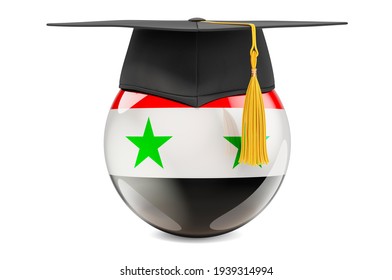 Education In Syria Concept. Syrian Flag With Graduation Cap, 3D Rendering Isolated On White Background