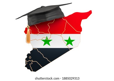 Education In Syria Concept. Syrian Map With Graduate Cap, 3D Rendering Isolated On White Background