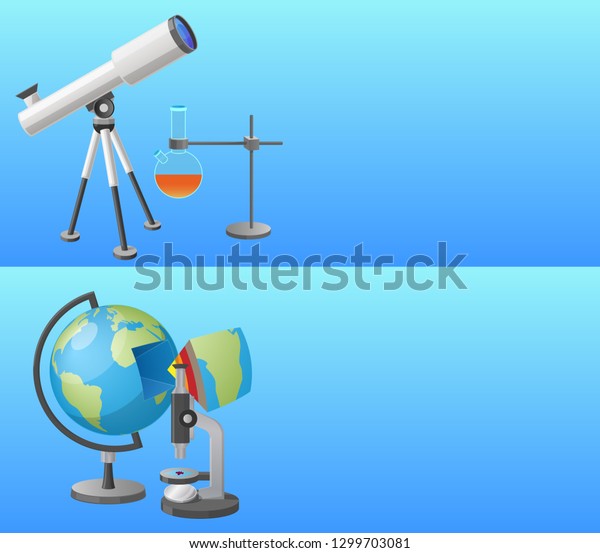 Education web banner with geography and\
astronomy classes informative Internet page with globe model and\
powerful telescope raster\
illustrations.
