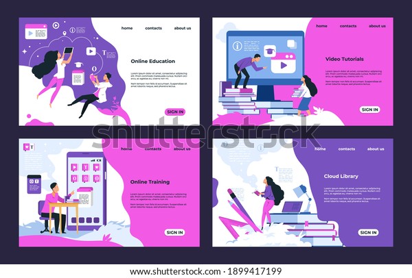 Education website. Cloud library, learning videos\
and tutorials, online education and testing.  training course\
design landing pages, illustrations template web interface learning\
site