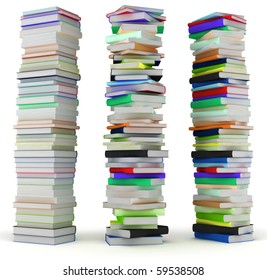 Education and wisdom. Tall heaps of hardcovered books isolated over white. Extralarge resolution